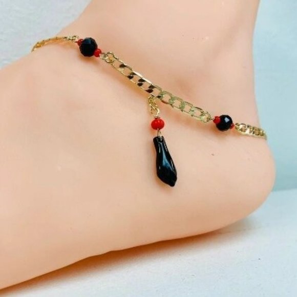 14K Gold Fill Cuban Link Anklet Bracelet Azabache Jewelry Foot Bracelet 10" Luck - Picture 2 of 6